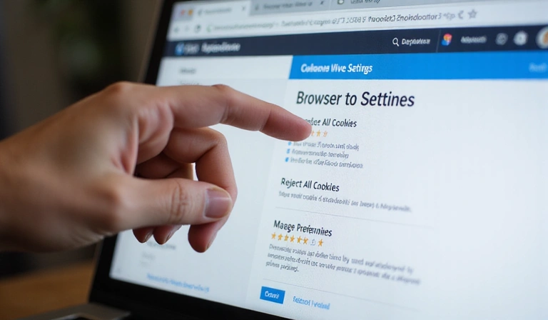 A hand interacting with a web browser's cookie settings, showing options to accept or reject cookies