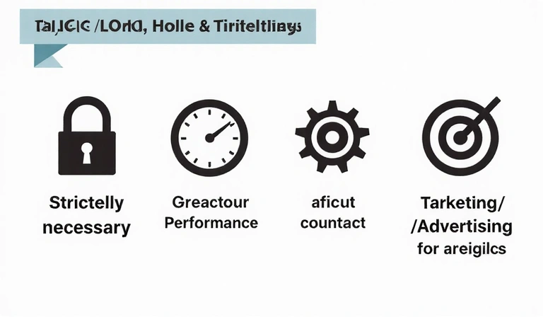 Diverse graphical representation of cookie types like essential, performance, and advertising, with small icons for each category