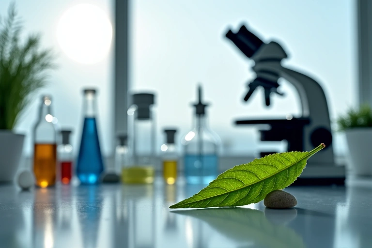 Laboratory equipment with natural elements, symbolizing scientific research and natural ingredients