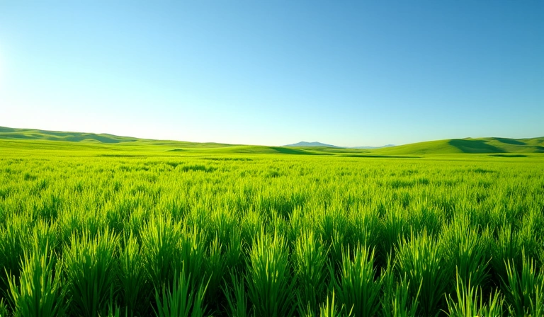 Vast green farm with lush crops under a clear sky, symbolizing sustainable agriculture