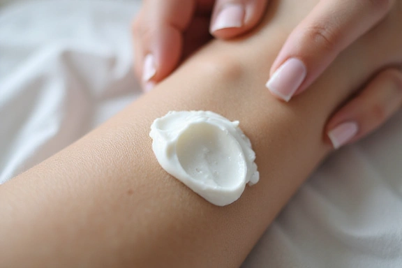 A close-up of a hand gently applying cream to smooth, healthy skin, emphasizing hydration.