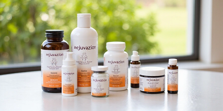 A vibrant display of various Rejuvavzion products, including supplement bottles and cream jars, arranged aesthetically on a clean, bright surface with natural light. The products are clearly labeled, showcasing their natural ingredients and premium quality.