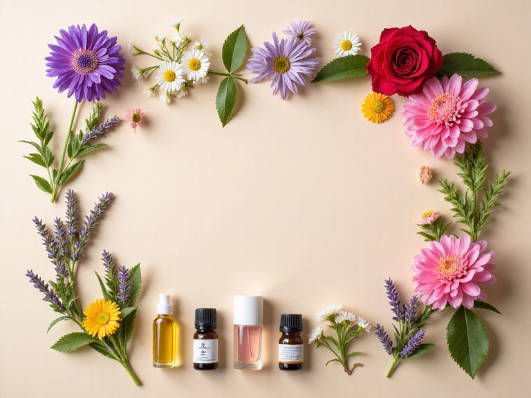 A vibrant arrangement of fresh flowers and botanical extracts, symbolizing natural ingredients.