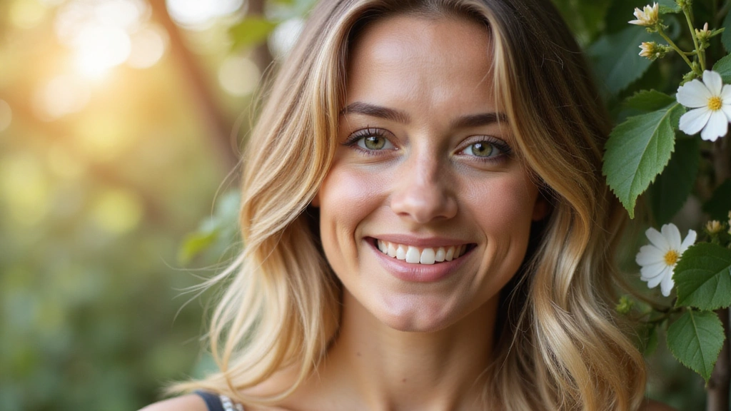 A woman smiling with radiant, healthy skin, surrounded by soft light and botanical elements.