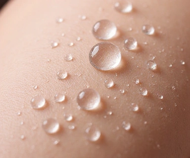 Water droplets on soft, dewy skin, symbolizing deep hydration and nourishment.